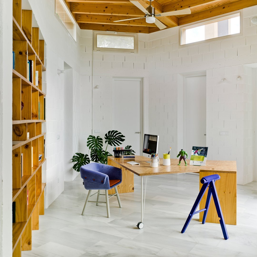 Modern office space featuring light wood, white walls, vibrant blue accents, and green plants for a fresh, stylish look.