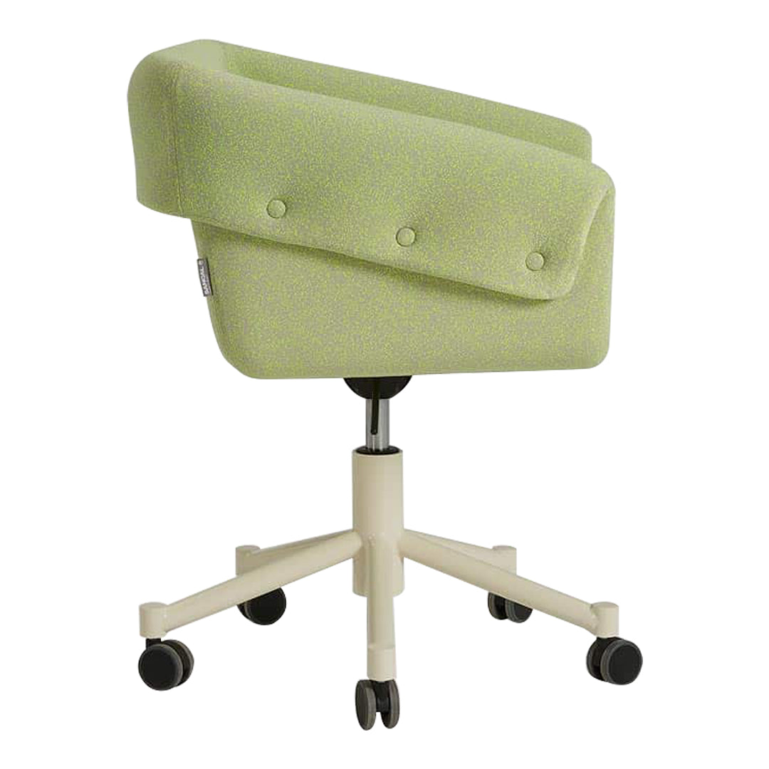 "Modern green upholstered swivel chair with a unique button detail and cream-colored wheels."