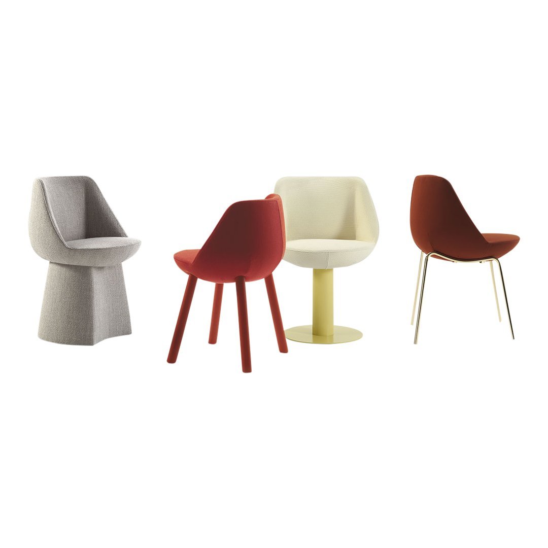Set of modern chairs in gray, cream, red, and orange with sleek, minimalistic designs and varied leg styles.