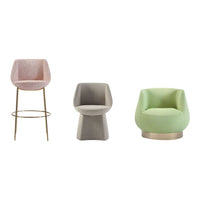Three modern chairs: pink, gray, and green upholstery with unique shapes and textures. Elegant designs for stylish decor.