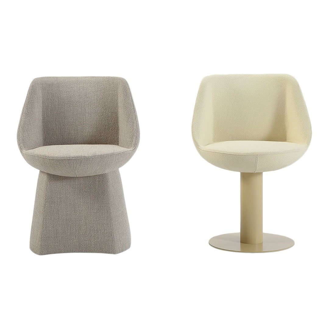 Two modern chairs: one in light gray fabric, the other in a soft cream finish, featuring minimalist designs and smooth lines.