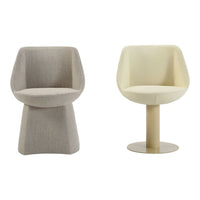 Two modern chairs: one in light gray fabric, the other in a soft cream finish, featuring minimalist designs and smooth lines.