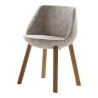 Gray patterned chair with light beige upholstery and natural wooden legs. Stylish and modern design for any space.