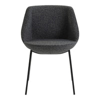 Stylish black accent chair with a textured gray fabric upholstery and sleek black legs. Perfect for modern spaces.