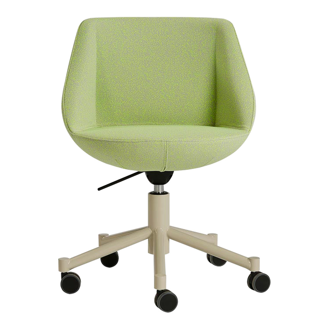 Green upholstered chair with a smooth, modern design and a beige base, ideal for contemporary office settings.