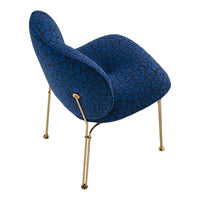 Blue patterned chair with a textured design and gold legs, adding a stylish touch to any room.