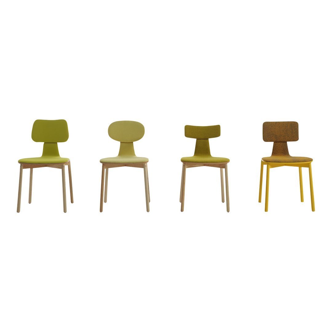 Set of four modern chairs featuring green, olive, and brown tones with minimalist designs and wooden legs.