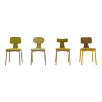 Set of four modern chairs featuring green, olive, and brown tones with minimalist designs and wooden legs.