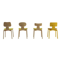Set of four modern chairs featuring a natural wood finish with vibrant yellow and green seating. Stylish and contemporary design.