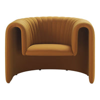 "Round mustard-yellow upholstered chair with ribbed design and smooth curves."
