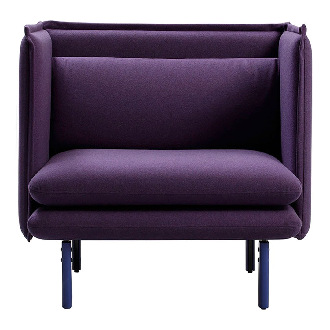 Purple upholstered chair with a sleek design and modern blue legs, offering a minimalist aesthetic.