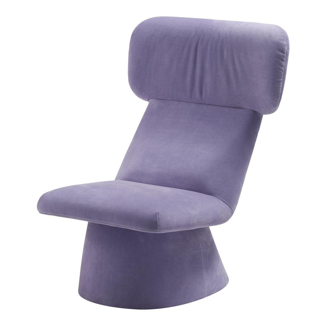 Purple upholstered modern lounge chair with a smooth, sleek design and minimalist style.
