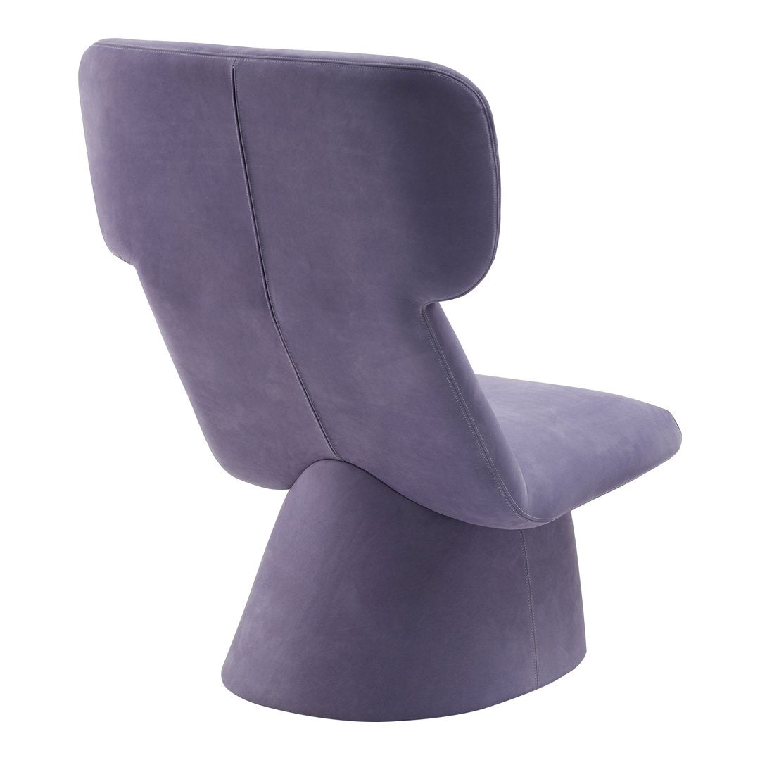 Purple suede chair with a minimalist design and smooth, soft curves. Modern and stylish accent for any room.