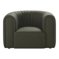 Stylish dark green upholstered armchair with ribbed pattern and curved design. Perfect for modern decor.