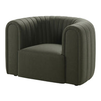 Stylish dark green velvet armchair with vertical ribbed pattern, perfect for modern decor.