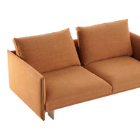 Rust orange sofa with a sleek design, featuring two plush cushions and a minimalist metal base.