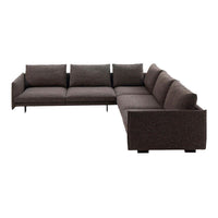 Dark brown sectional sofa with a modern design and soft fabric upholstery, perfect for contemporary living spaces.