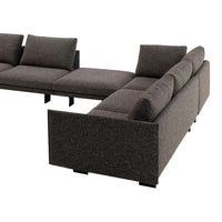 Dark gray sectional sofa with a textured fabric and minimalist design, featuring plush cushions and clean lines.