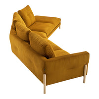 Mustard yellow couch with a textured pattern and natural wood legs, featuring a modern, sectional design.