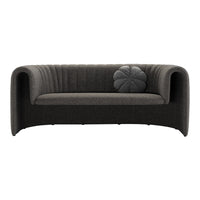 Stylish gray sofa with curved arms and textured fabric, featuring a decorative black flower accent on the seat.