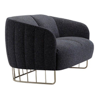 Stylish charcoal gray fabric armchair with a curved, tufted design and elegant metal base.