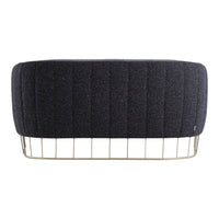 Black textured upholstery with vertical grooves and a gold wire base. Stylish and modern design for any space.
