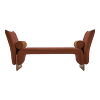 Rust-colored modern bench with smooth curves and rounded armrests, accented with a soft, textured upholstery.