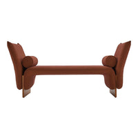 Rust-colored modern bench with smooth lines and rounded armrests, featuring a minimalist design.