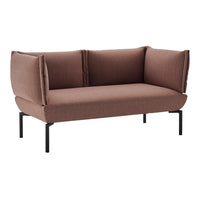 "Modern two-seater sofa in rich brown fabric with clean lines and minimalist black metal legs."