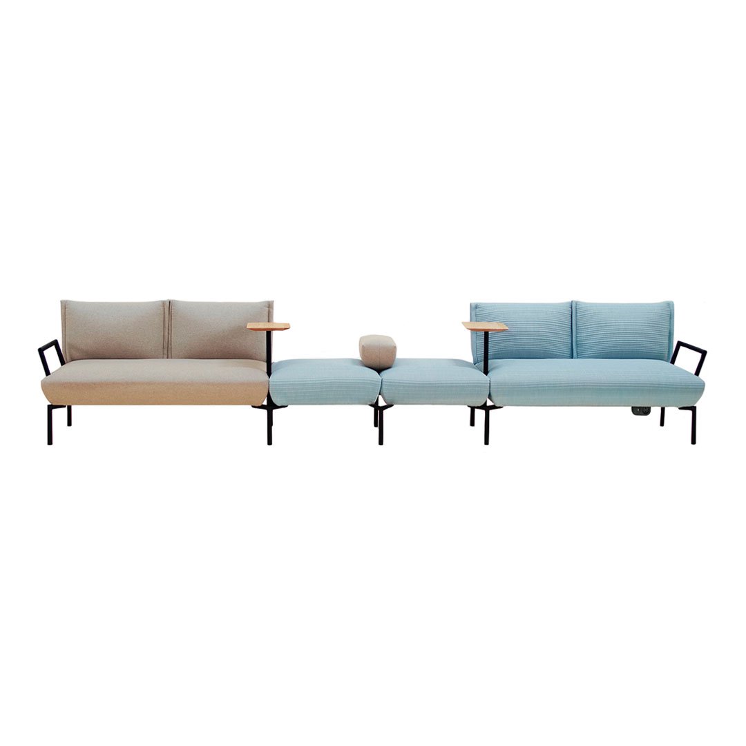 Modern two-tone sofa set featuring beige and soft blue upholstery with sleek black metal accents.