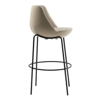 Beige upholstered bar stool with a minimalist design and black metal legs. Smooth, modern pattern enhances decor.