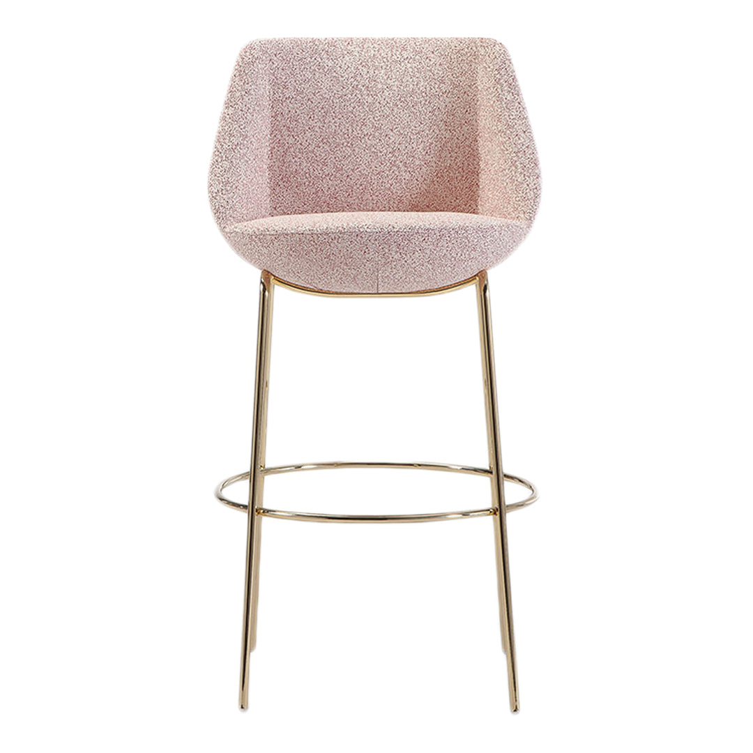 Pink textured upholstered bar stool with gold metal legs, featuring a modern and stylish design.