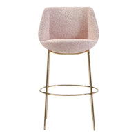Pink textured upholstered bar stool with gold metal legs, featuring a modern and stylish design.