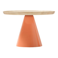 "Round tabletop in natural wood with an orange conical base, featuring a sleek, modern design."