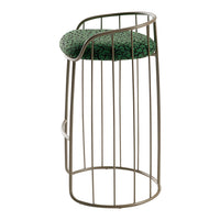Green patterned seat on a sleek metallic bar stool with an open frame design. Modern, stylish, and unique.