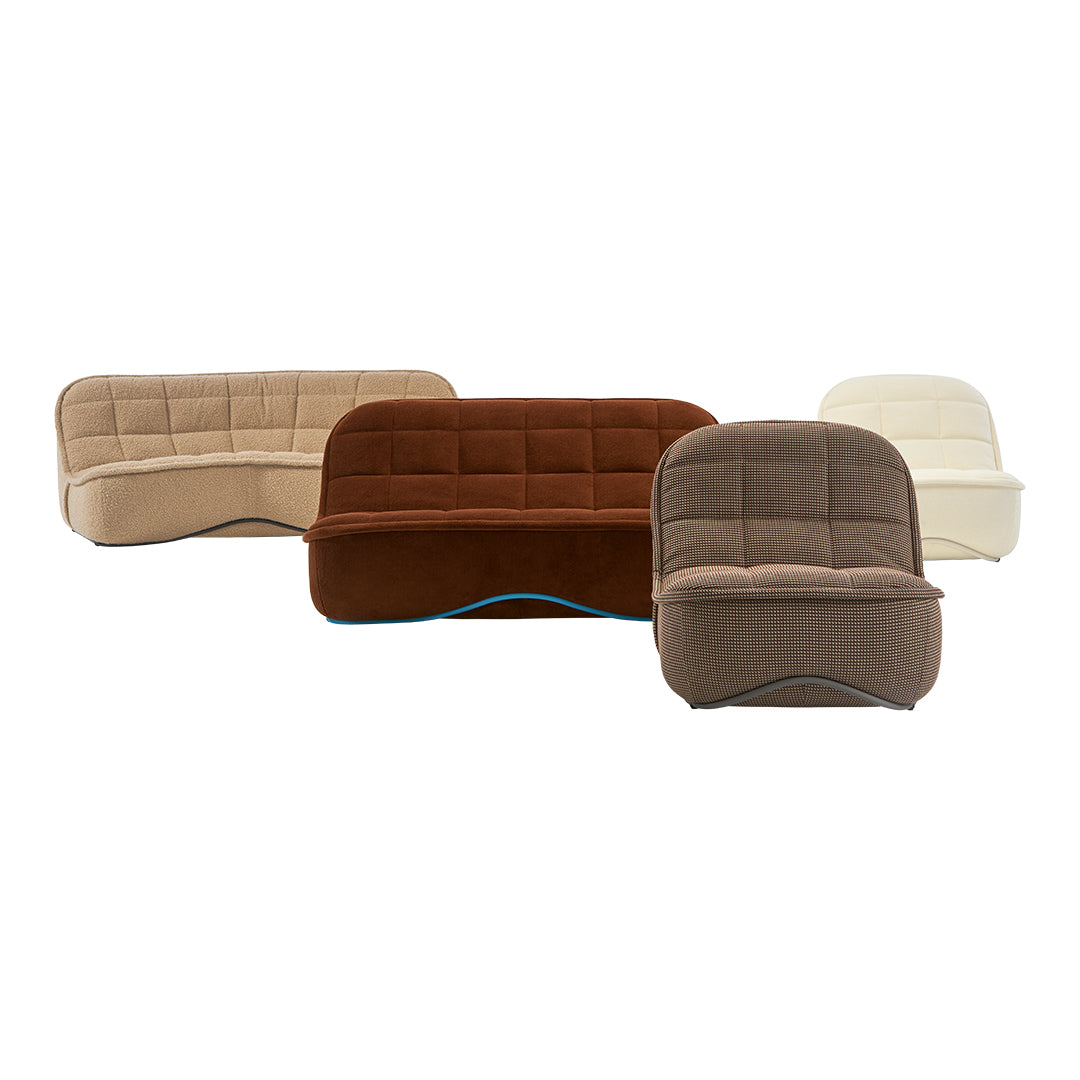 Colorful sofa options featuring beige, brown, cream, and taupe with a textured, quilted pattern.