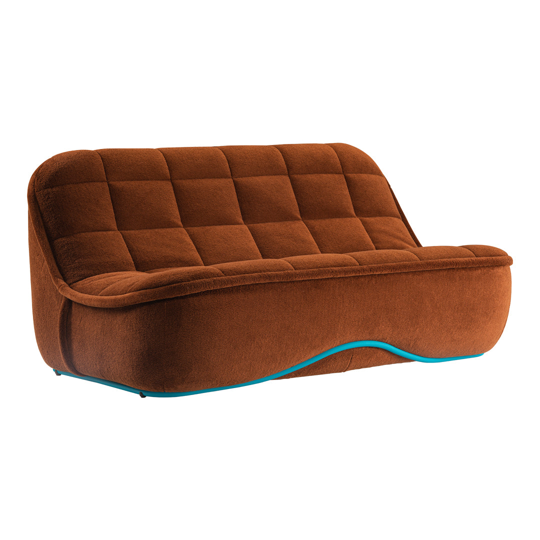 Brown tufted sofa with a wave design and teal accents, perfect for modern living spaces.