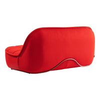Vibrant red pet couch with a smooth, contoured design and subtle metallic accents. Perfect for stylish pet lounging.