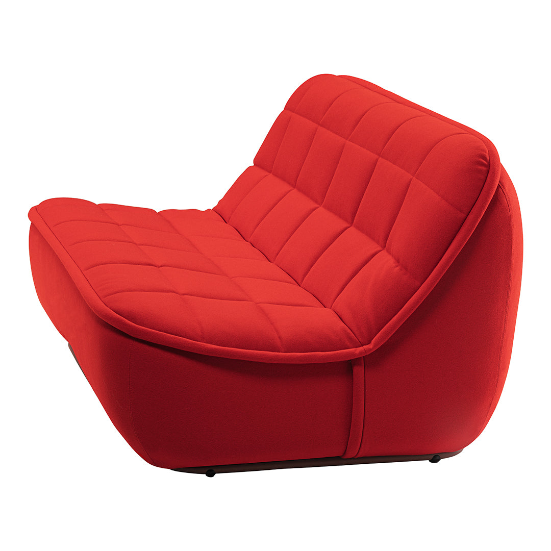 Vibrant red upholstered sofa with a modern quilted pattern for a stylish accent in any room.