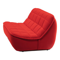 Vibrant red upholstered sofa with a modern quilted pattern for a stylish accent in any room.
