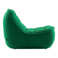 Green plush bean bag chair with a smooth, rounded shape and quilted texture. Ideal for casual seating.