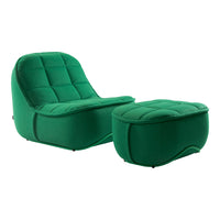 Green cushioned lounge chair and ottoman set with a quilted pattern, perfect for modern decor.
