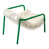 Green metal chair base with white faux fur seat, showcasing a modern and playful design.