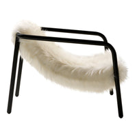 White faux fur chair with a sleek black metal frame, featuring a minimalist design and soft texture.