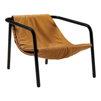 Stylish brown leather lounge chair with sleek black metal frame, offering a modern minimalist design.