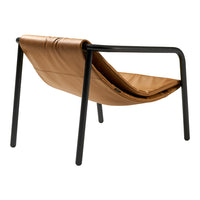 Brown leather lounge chair with a sleek black metal frame, featuring a smooth, contemporary design.