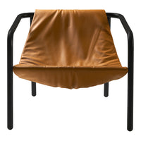 Tan leather chair with sleek black metal frame, featuring a modern, minimalist design and smooth texture.