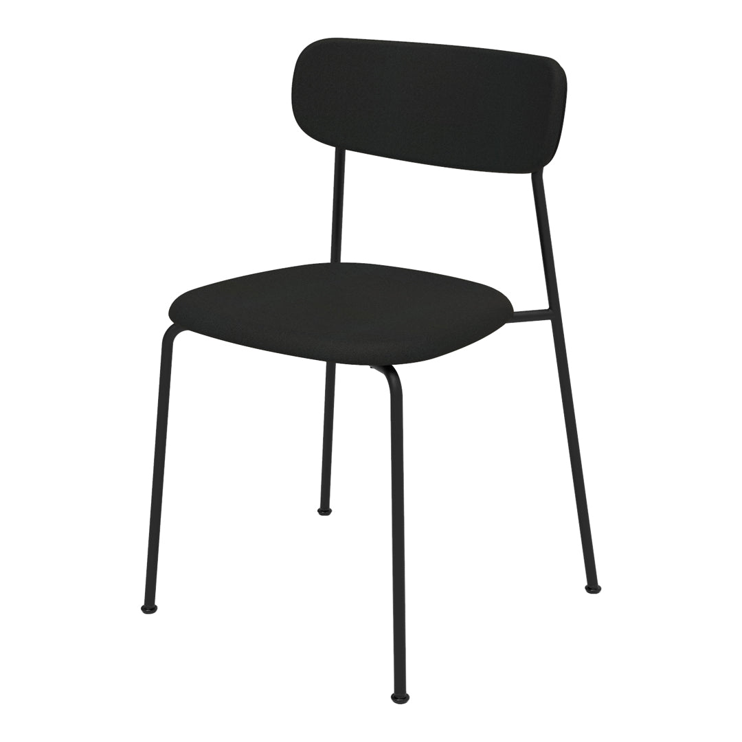 Black modern chair with a simple design, featuring a sleek matte finish and solid metal legs.