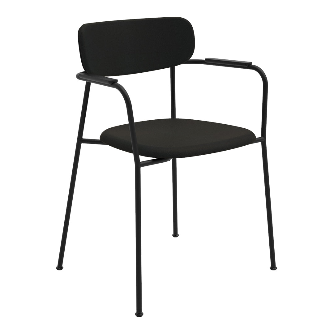 Black metal chair with a sleek design, featuring a solid black seat and backrest for a modern look.