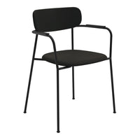 Black metal chair with a sleek design, featuring a solid black seat and backrest for a modern look.